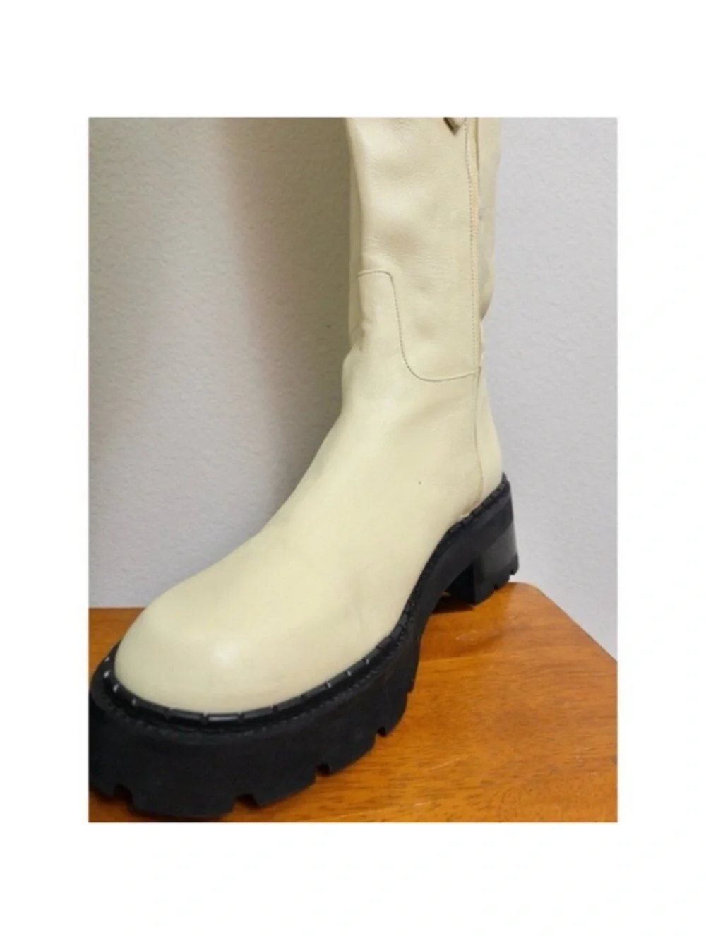 NWT By FAR Russel Lamb Leather Knee High Boot Ivory Chunky Lug Platform Size 38